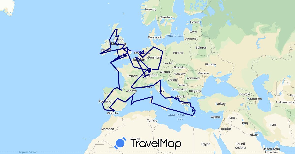 TravelMap itinerary: driving in Albania, Belgium, Switzerland, Germany, Spain, France, United Kingdom, Greece, Ireland, Isle of Man, Italy, Netherlands, Portugal, Vatican City (Europe)